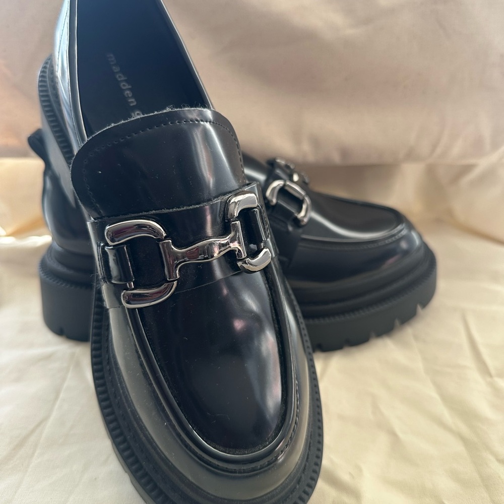 Madden Girl Black Loafers with Silver Buckle